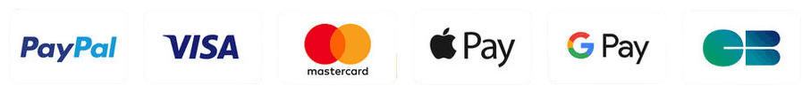 Moyens de paiement : PayPal, Visa, Mastercard, Apple Pay, Google Pay, CB